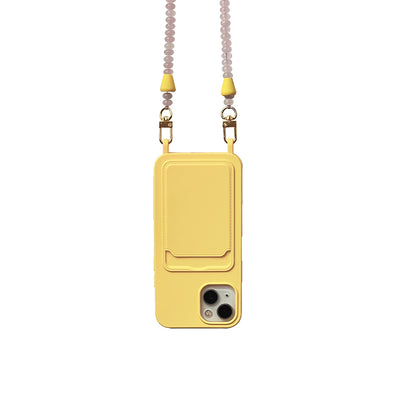The perfect summer accessory: nude and gold gemstone beach phone necklace chain with a matching sunny yellow phone case.