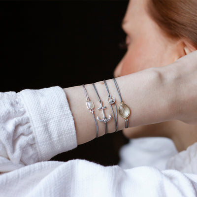 grey nylon thread bracelet with round beige smoky quartz gemstone