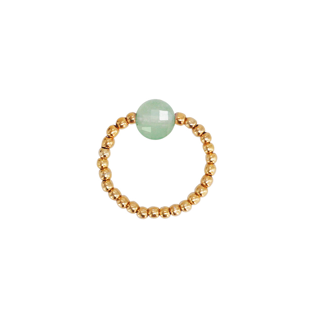 stretch ring with small 18k gold plated beads and a green aventurine gemstone