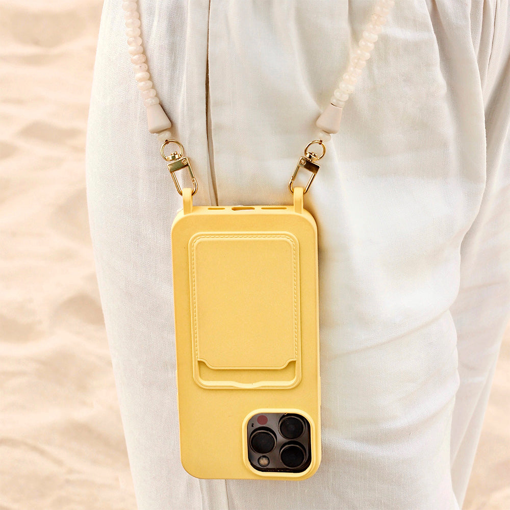 Sun phone case matching with a trendy outfit on the beach. 