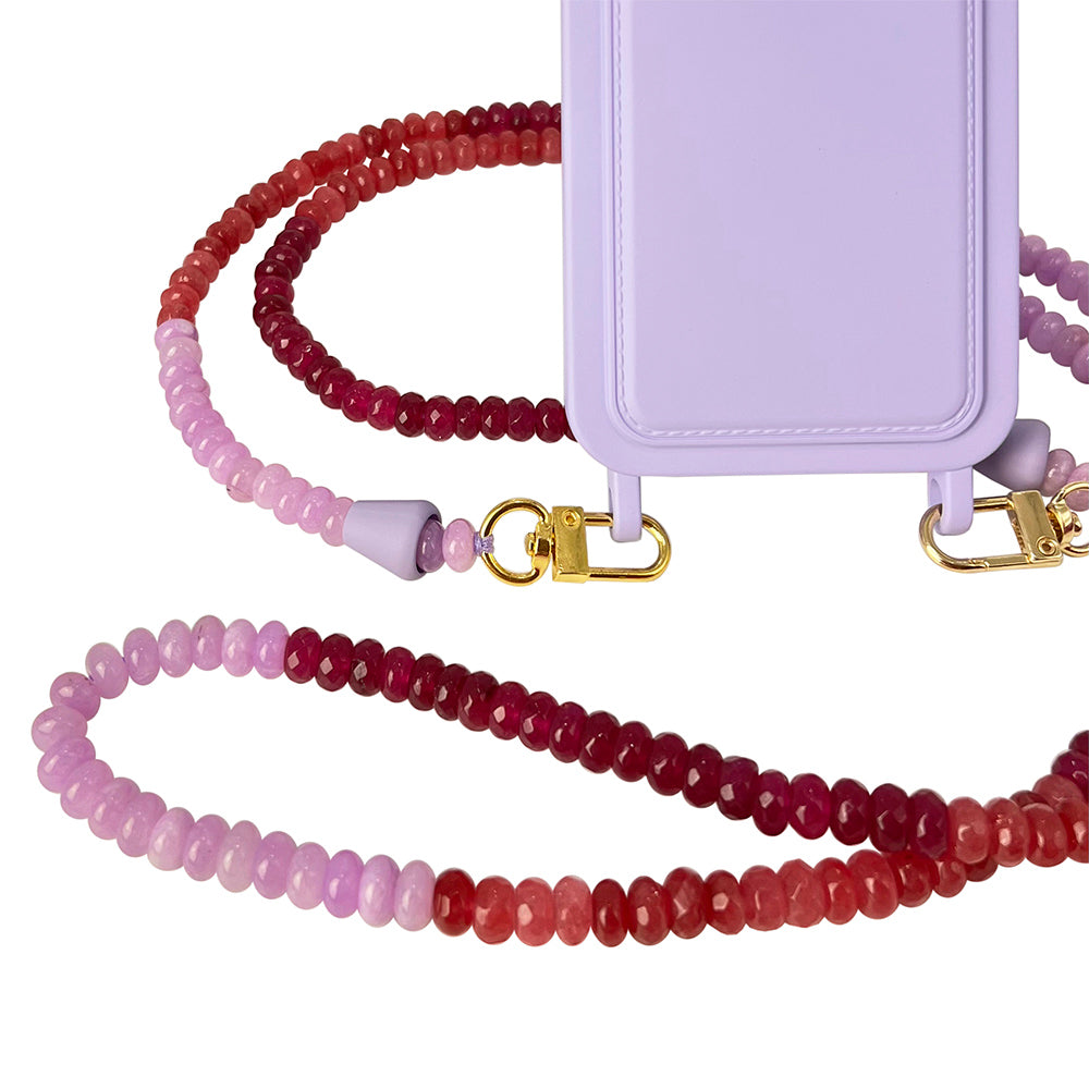 The perfect summer phone necklace with berry red, lilac, and pink gemstones, with a matching lilac phone case.