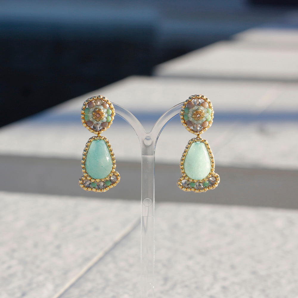 mint green statement earrings with natural pearls and achat stone