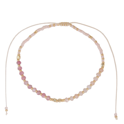 set of 3 bracelets with grey nylon band, freshwater pearls, rose quartz and light quartz stone