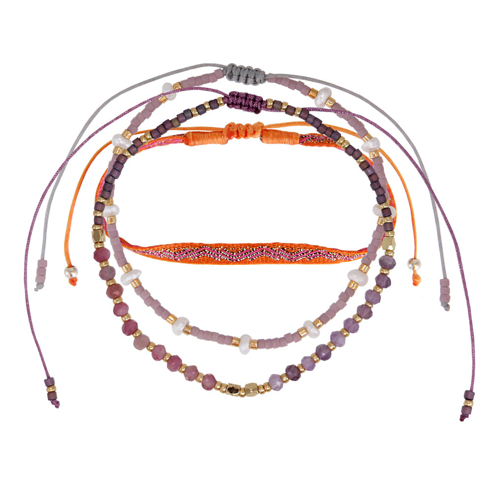 set of 3 bracelets with bright orange nylon band, small lilac pearls and amethyst gem stones