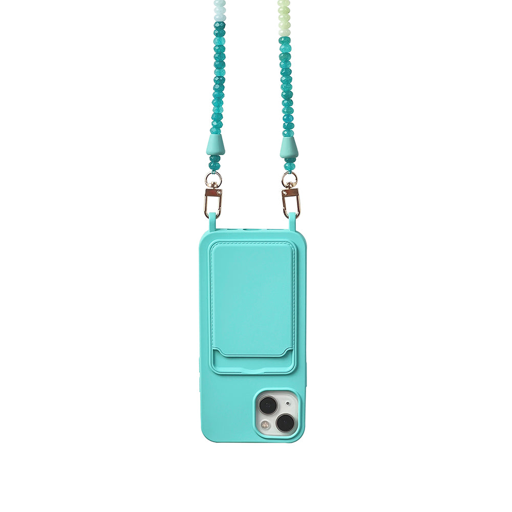 The perfect summer accessory: turquoise blue phone case and ocean gemstone phone chain necklace.
