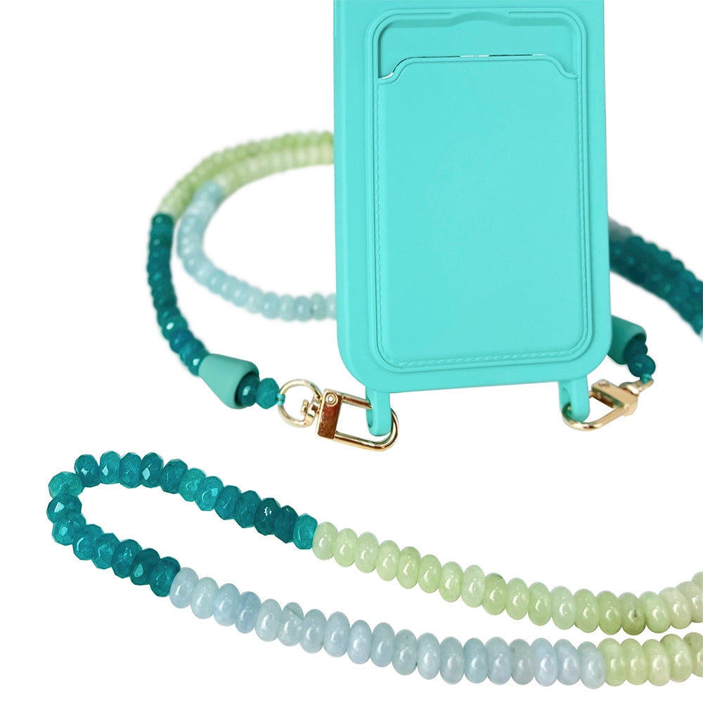 Turquoise phone chain necklace with ocean blue, sage green, and turquoise gemstones with a matching turquoise phone case.
