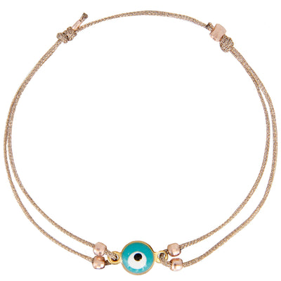 glittery beige nylon bracelet with turquoise nazar eye pendant