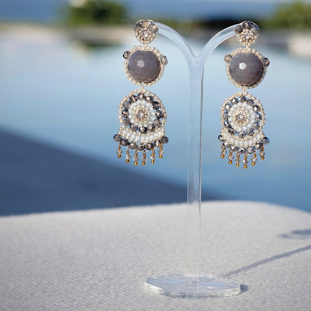 earrings with smoky quartz gemstone and silver and grey beads