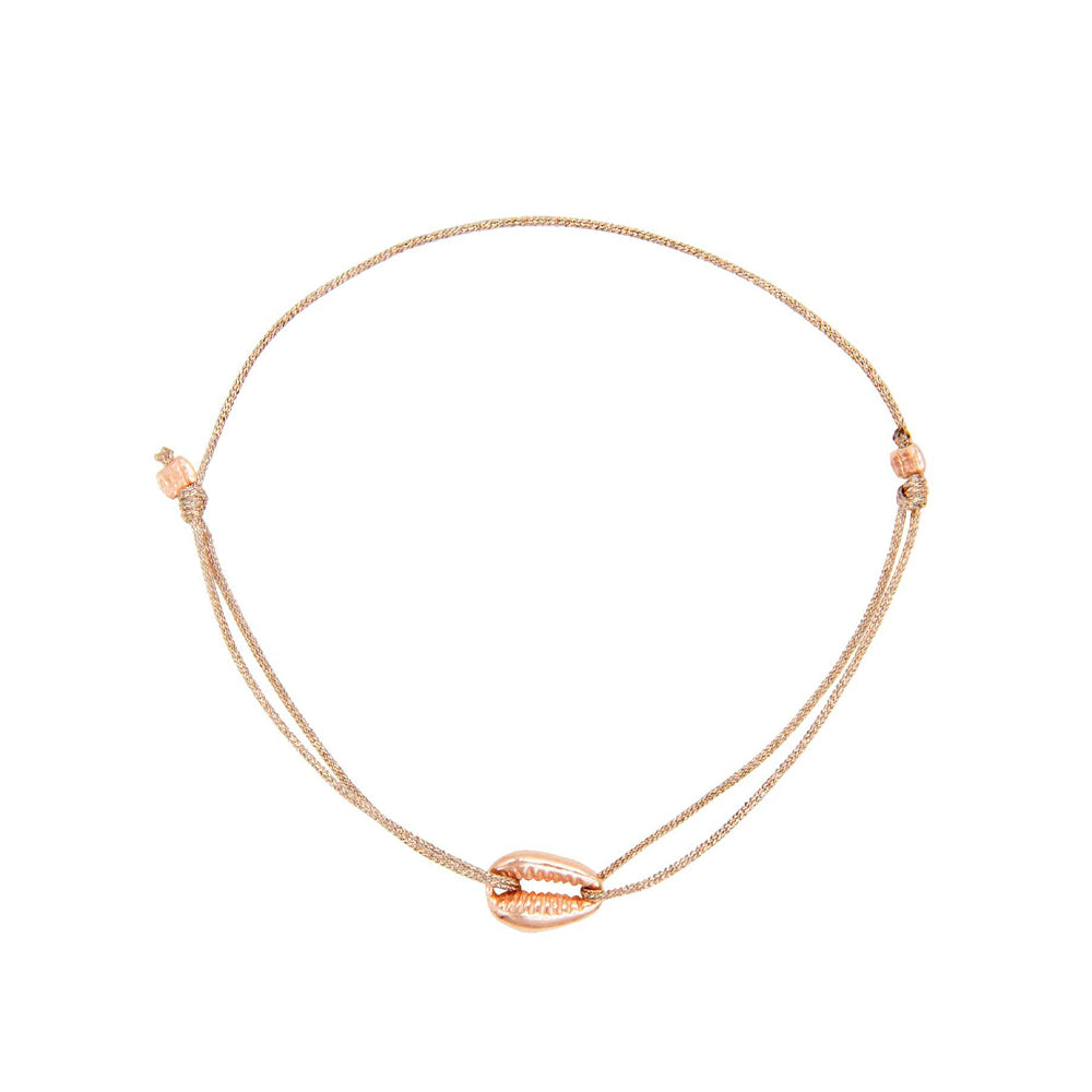 glittery beige nylon thread bracelet with rosegold cowrie shell 