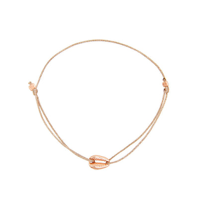 glittery beige nylon thread bracelet with rosegold cowrie shell 
