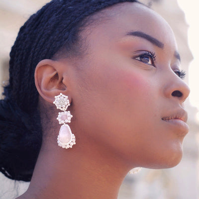 white statement earrings with rose quartz gem stones for weddings