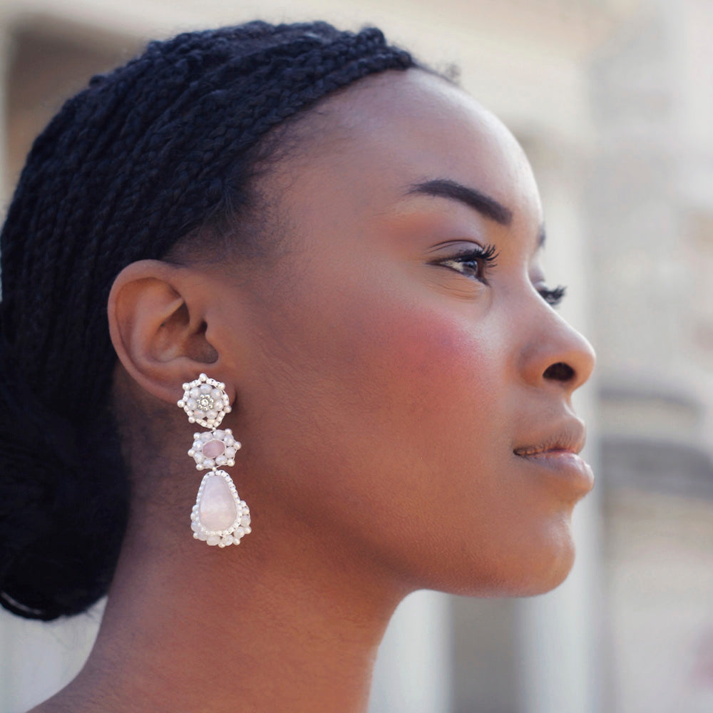 white statement earrings with rose quartz gem stones for weddings