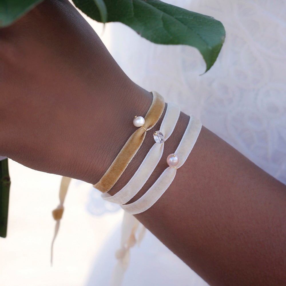 beige and cream velvet wedding bracelets with gemstone pendants