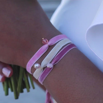 pink and creme velvet bracelets with gemstone pendants for weddings
