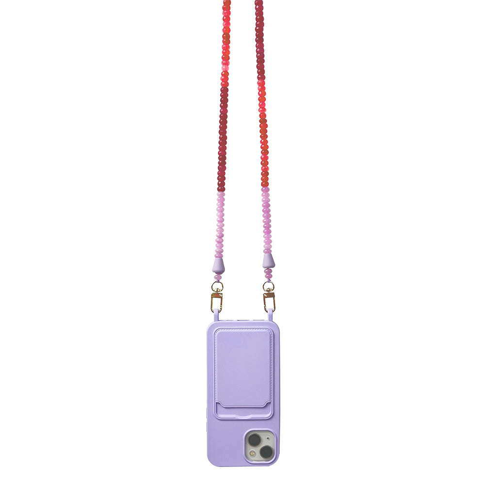 The perfect summer phone necklace with berry red, lilac, and pink gemstones, with a matching lilac phone case.