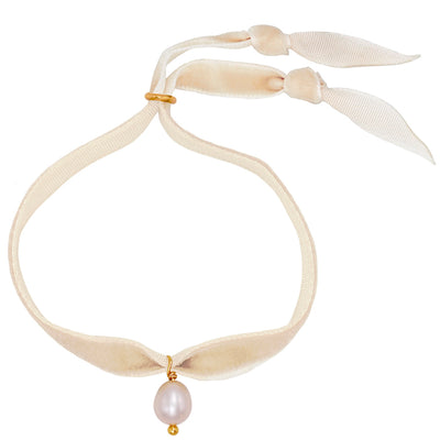beige velvet bracelet with single pearl pendant for brides